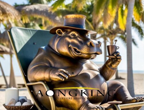 Vividly Realistic Anthropomorphic Creatures Bronze Statue of Hippo Vacationing on the Beach