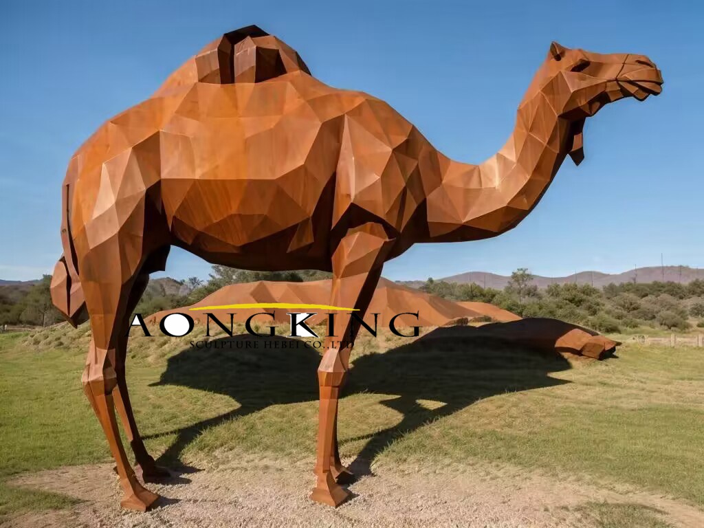 corten steel geometrical camel statue
