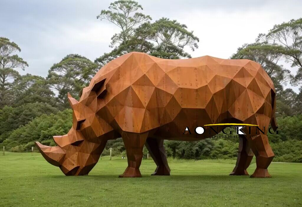 corten steel rhino statue