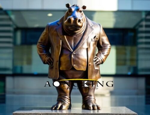 Emotionally Charged Humanization of Animals Bronze Sculpture of Mr. Hippo in a Suit